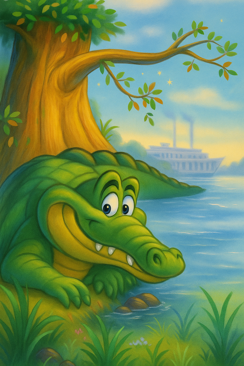 Mural de cocodrilo de caricatura en el colegio Las Ranitas